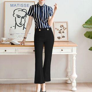 Set: Short-sleeve Striped Blouse + Boot-cut Dress Pants + Mini Pencil Skirt