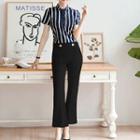 Set: Short-sleeve Striped Blouse + Boot-cut Dress Pants + Mini Pencil Skirt