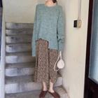 Irregular Hem Oversize Sweater / Flower Print Midi A-line Skirt