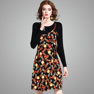 Set: Long-sleeve T-shirt + Spaghetti Strap Patterned Mini Dress