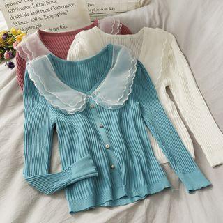 Mesh-collar Slim-fit Knit Top