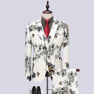 Set: Single-breasted Print Blazer + Vest + Dress Pants