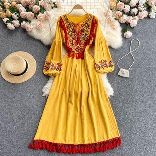 Puff-sleeve Embroidered Fringe Dress