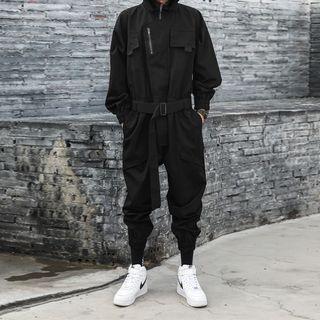 Hooded Zip-up Belted Jumpsuit