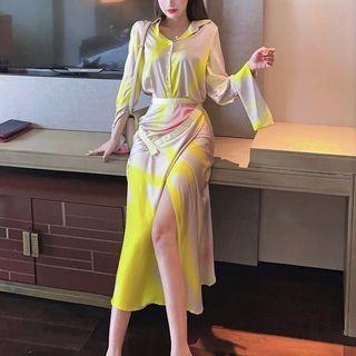 Long-sleeve Satin Shirt / Slit Midi A-line Skirt