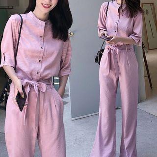 Set: Elbow-sleeve Striped Shirt + Boot-cut Pants