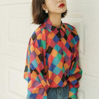 Color-block Check Long-sleeve Loose-fit Shirt As Figure - One Size