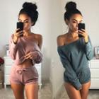 Set: Off-shoulder Pullover + Drawstring Sweatshorts