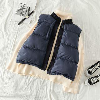 Plain Turtle-neck Knit Top / Puffer Vest