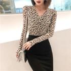 Long-sleeve Leopard Print T-shirt / Midi A-line Skirt
