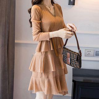Glitter Long-sleeve Layered A-line Mini Dress