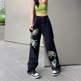 Mid-rise Hand Printed Stitched Loose-fit Jeans