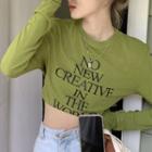 Long-sleeve Lettering Print Crop Top Avocado Green - One Size