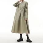 Stand Collar Drawstring-waist Midi A-line Dress