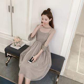 3/4-sleeve Sheer Panel Floral Pleated Dress