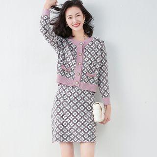 Set: Plaid Cardigan + Knit Mini Pencil Skirt