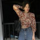 Floral Print Knotted Crop Shirt Red - One Size