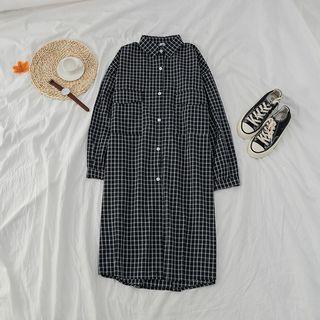 Long-sleeve Check Shirtdress Blue - One Size