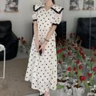 Short-sleeve Dotted A-line Dress Beige - One Size
