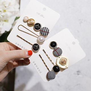 Set Of 3: Plaid Fabric / Faux Pearl Hair Pin (assorted Designs)