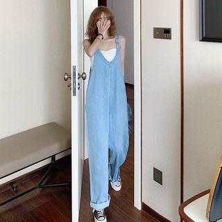 Loose-fit Denim Jumper Pants Light Blue - One Size
