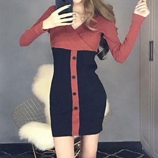 Long-sleeve Two-tone Mini Bodycon Dress