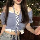 Short-sleeve Cold-shoulder Lace Up Cropped T-shirt / Ruffle Cropped Camisole Top / Set