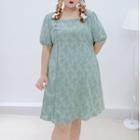 Plus Size Puff-sleeve Floral Smock Dress / Midi Dress