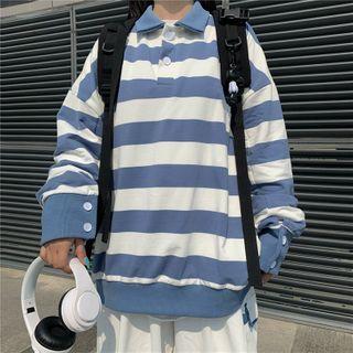 Loose-fit Long-sleeve Striped Polo Shirt + Wide-leg Cargo Pants