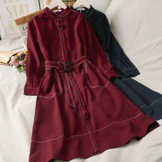 Stitched Stand-collar Midi Shirtdress With Belt