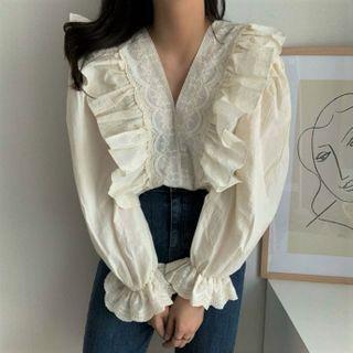 Frill Trim Shirt Off-white - One Size