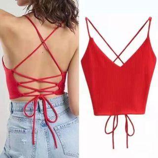 Open Back Cropped Knit Camisole Top