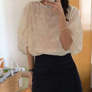 Elbow-sleeve Eyelet Lace Blouse Almond - One Size