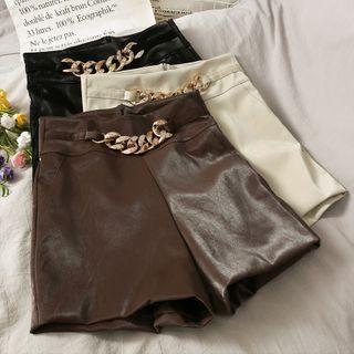 Chain-waistline Faux-leather Shorts