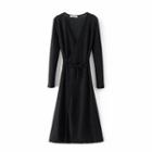 Long-sleeve Glitter Wrap Midi Dress Black - One Size