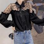 Long-sleeve Dotted Mesh Panel Tie-neck Blouse