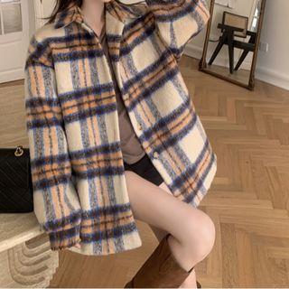 Plaid Button-up Jacket Plaid - Almond & Orange - One Size