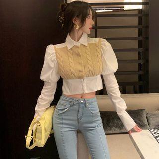 Details Puff-sleeve Patchwork Crop Shirt