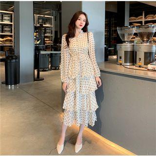 Long-sleeve Dotted Tiered Midi Dress White - One Size