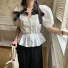 Puff-sleeve Bow Accent Blouse Black Bow - White - One Size