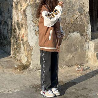 High-waist Washed Drawstring Straight-cut Jeans