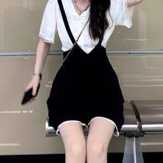 Short-sleeve V-neck Lace Trim Blouse / Suspender Shorts