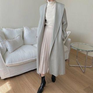 Shawl-collar Wool Blend Long Coat With Sash