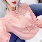 Long-sleeve Faux Pearl Striped Mock-tie Chiffon Blouse