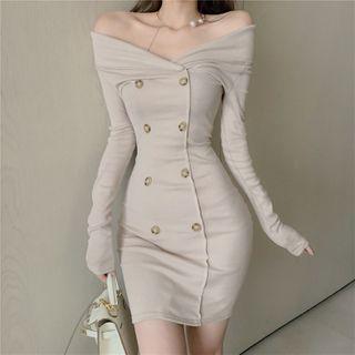 Off-shoulder Buttoned Mini Sheath Dress