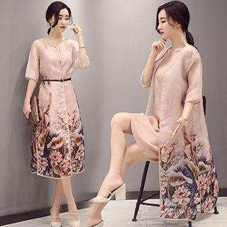 Set: Elbow-sleeve Printed Light Jacket + Strappy Dress