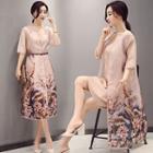 Set: Elbow-sleeve Printed Light Jacket + Strappy Dress