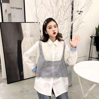 Set: Contrast Cuff Shirt + Two-tone Knit Vest