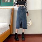 High-waist Front-slit A-line Denim Midi Skirt