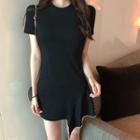 Irregular Hem Short-sleeve Mini A-line Dress Black - One Size